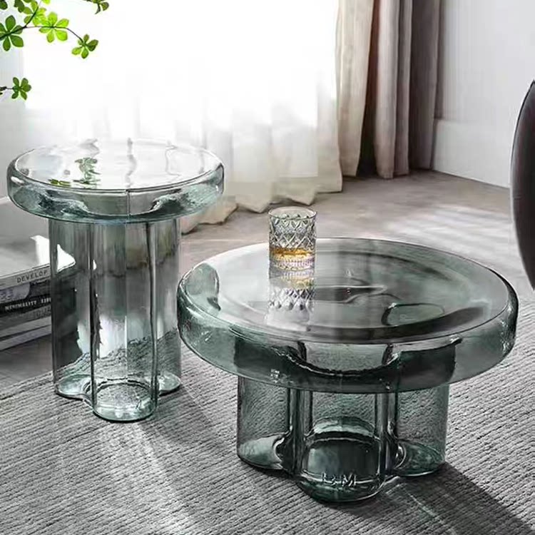 Mushroom Shaped Hand-Blown Thick Glass Round Coffee Table - Modern Tinted Glass Side Table for Living Room
