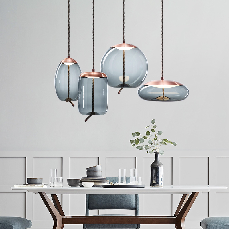 Mid-Century Modern Hand Blown Glass Pendant Light, Nordic Minimalist Hemp Rope Art Pendant Lamp