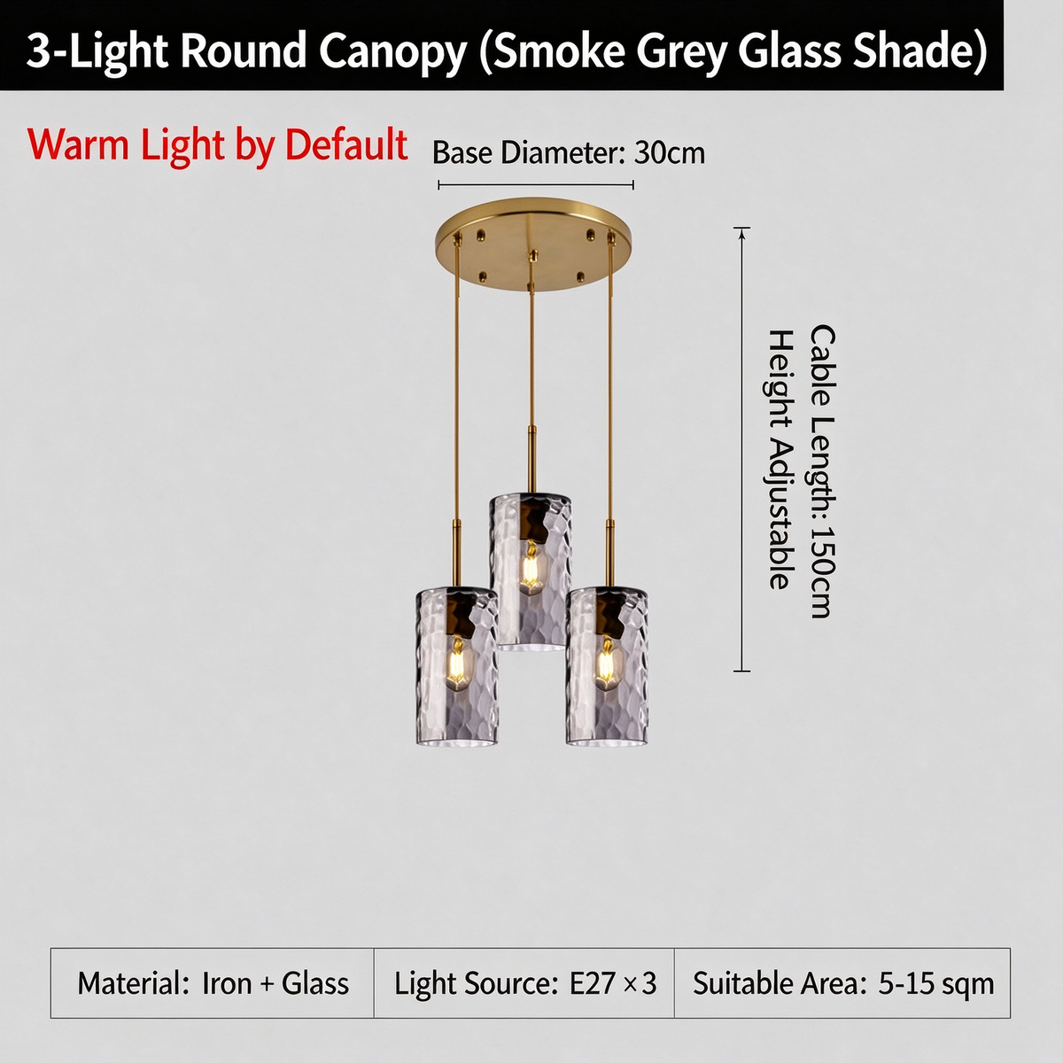 3-Light Hammered Water Ripple Glass Pendant Light, Modern Farmhouse Brass Chandelier for Dining Room Kitchen Island