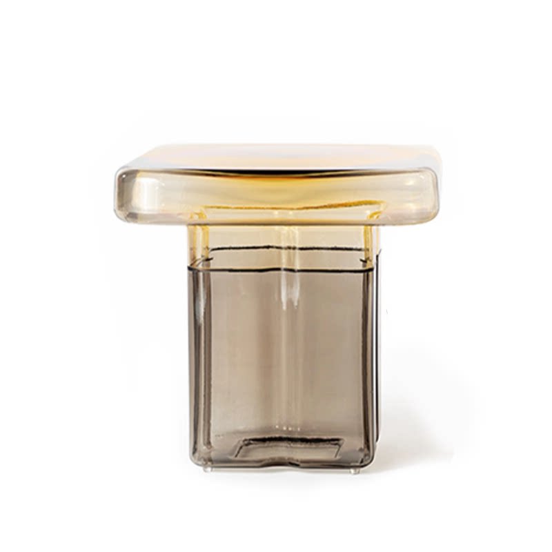 Hand-Blown Two-Tone Glass Side Table, Square Thick Glass Top with Hollow Glass Base End Table, Modern Accent Nightstand for Living Room Bedroom