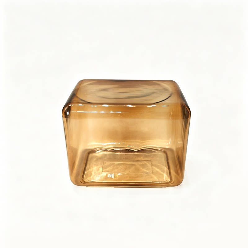 Hand-Blown Amber Glass Cube Coffee Table, Modern Lokum Glass Block Side Table & Nightstand, Hollow Orange Glass Accent Table for Living Room Bedroom
