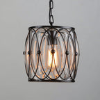 Vintage Industrial Iron Cage Glass Pendant Light - Hand Blown Glass Hanging Lamp