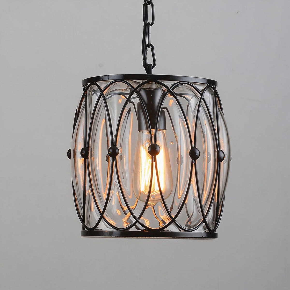 Vintage Industrial Iron Cage Glass Pendant Light - Hand Blown Glass Hanging Lamp