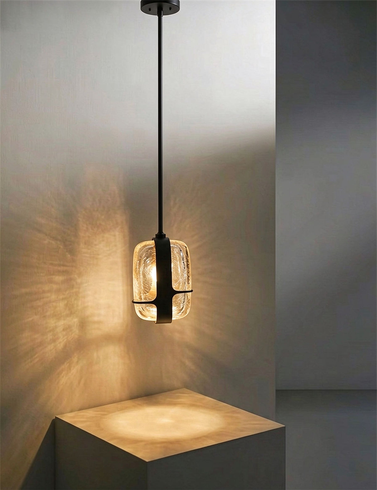 Nordic Oblong Hammered Glass Pendant Light - Black Metal Frame Hanging Lamp