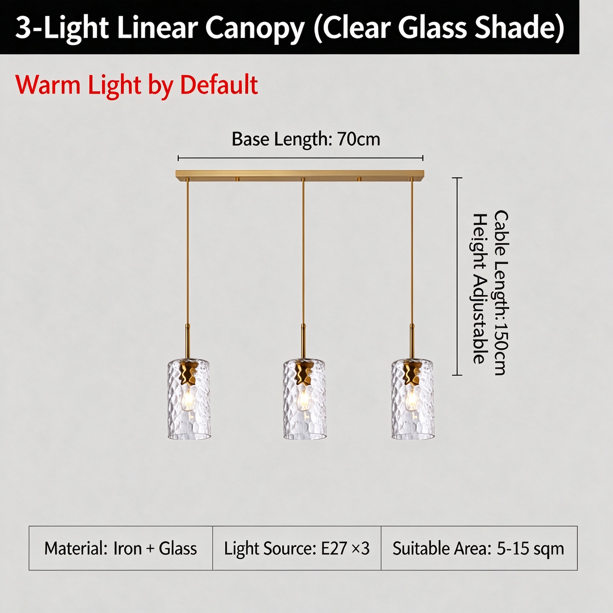 3-Light Hammered Water Ripple Glass Pendant Light, Modern Farmhouse Brass Chandelier for Dining Room Kitchen Island