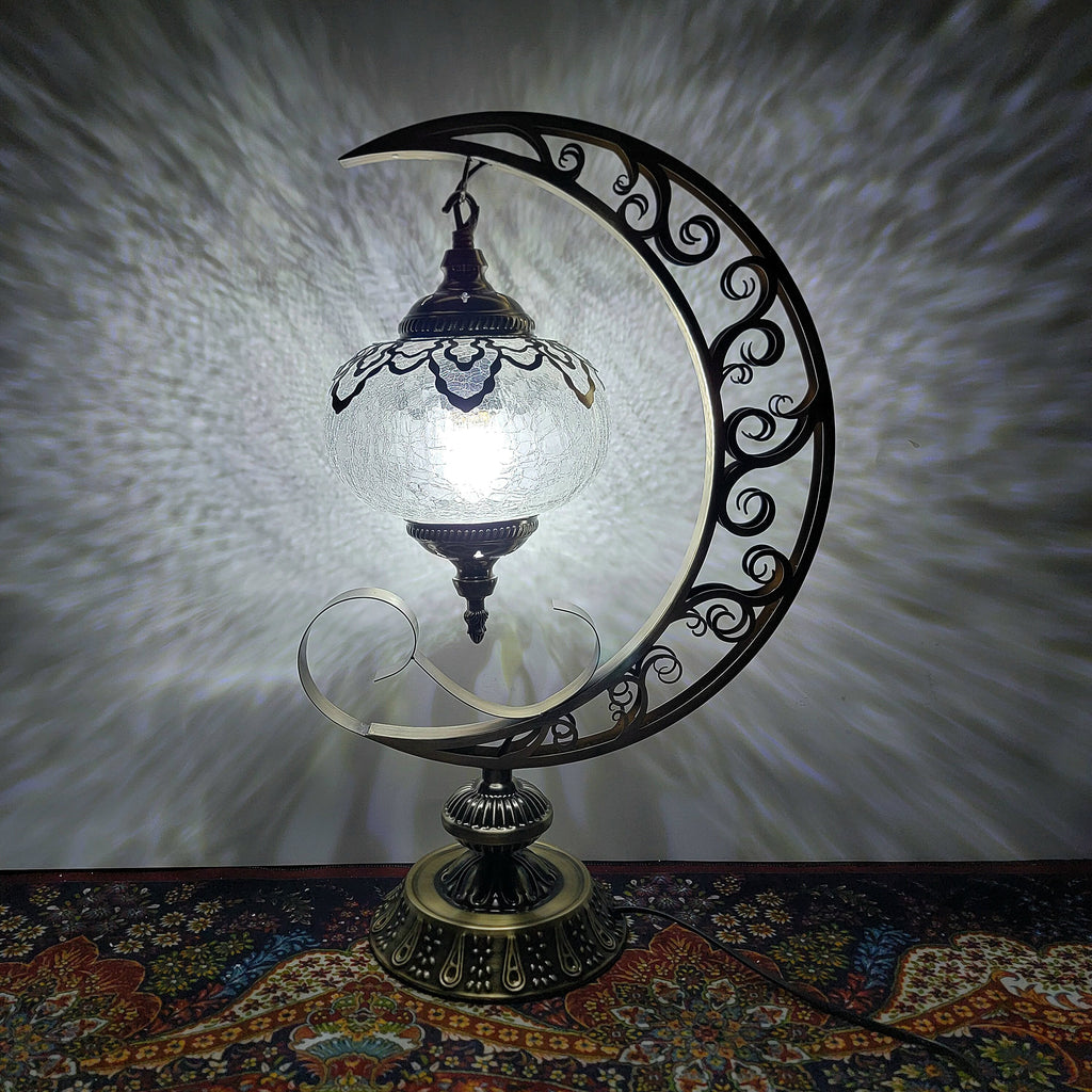 Thermal Crackle Glass Arabian Lantern, Crescent Moon Vintage Table Lamp