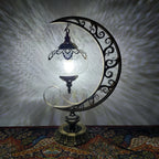 Thermal Crackle Glass Arabian Lantern, Crescent Moon Vintage Table Lamp