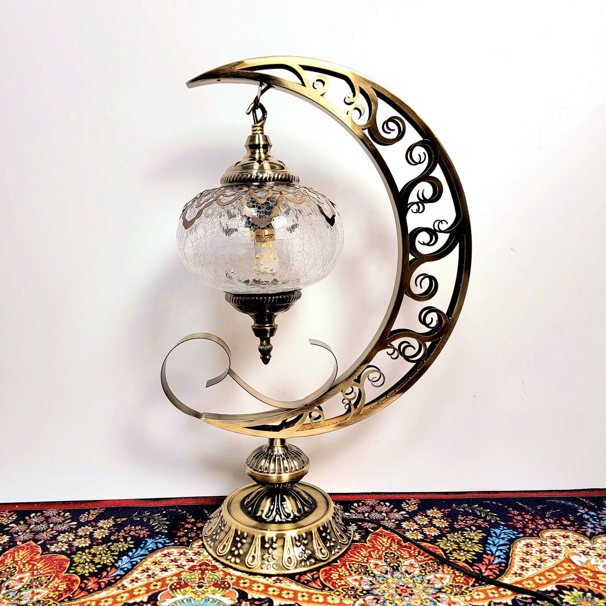 Thermal Crackle Glass Arabian Lantern, Crescent Moon Vintage Table Lamp