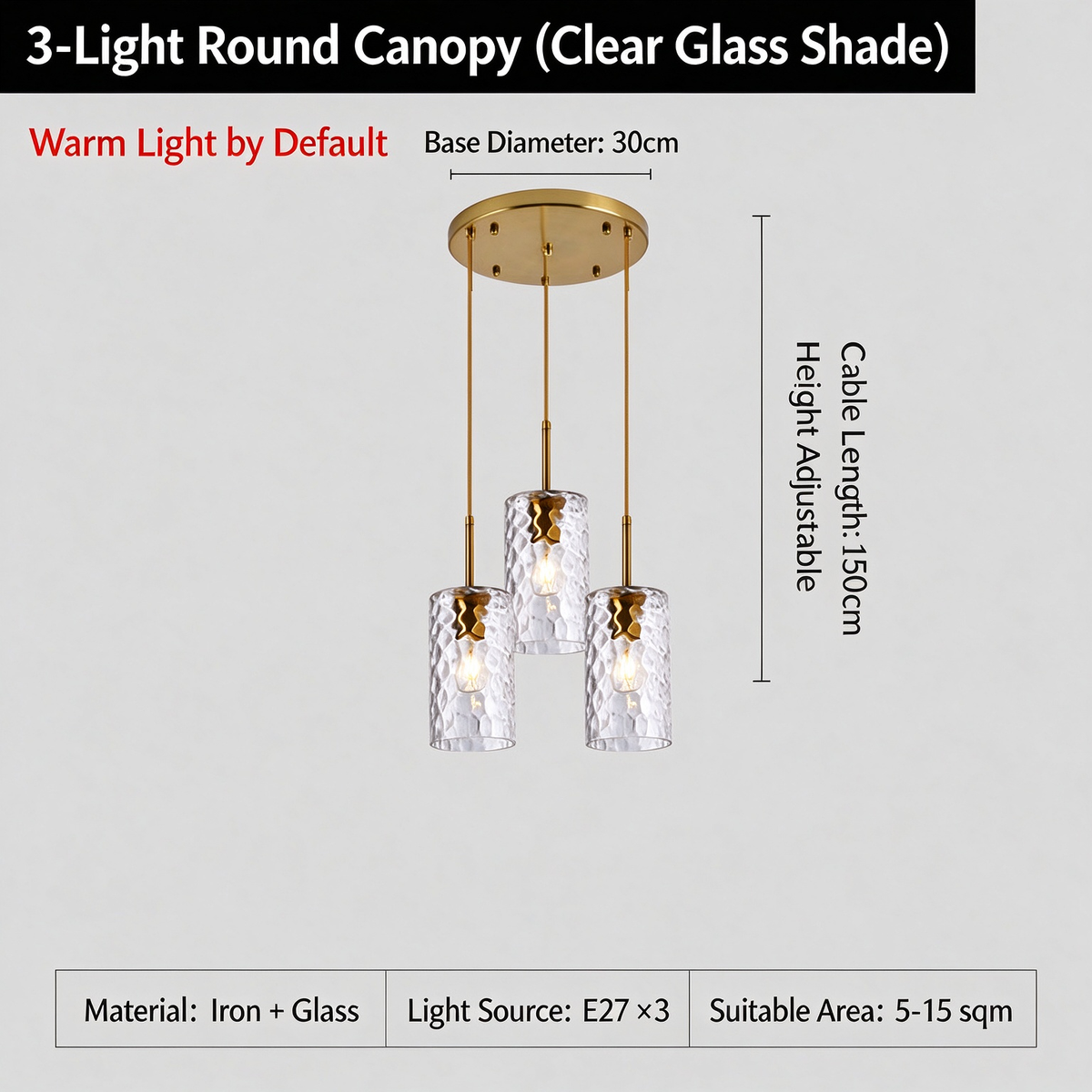 3-Light Hammered Water Ripple Glass Pendant Light, Modern Farmhouse Brass Chandelier for Dining Room Kitchen Island
