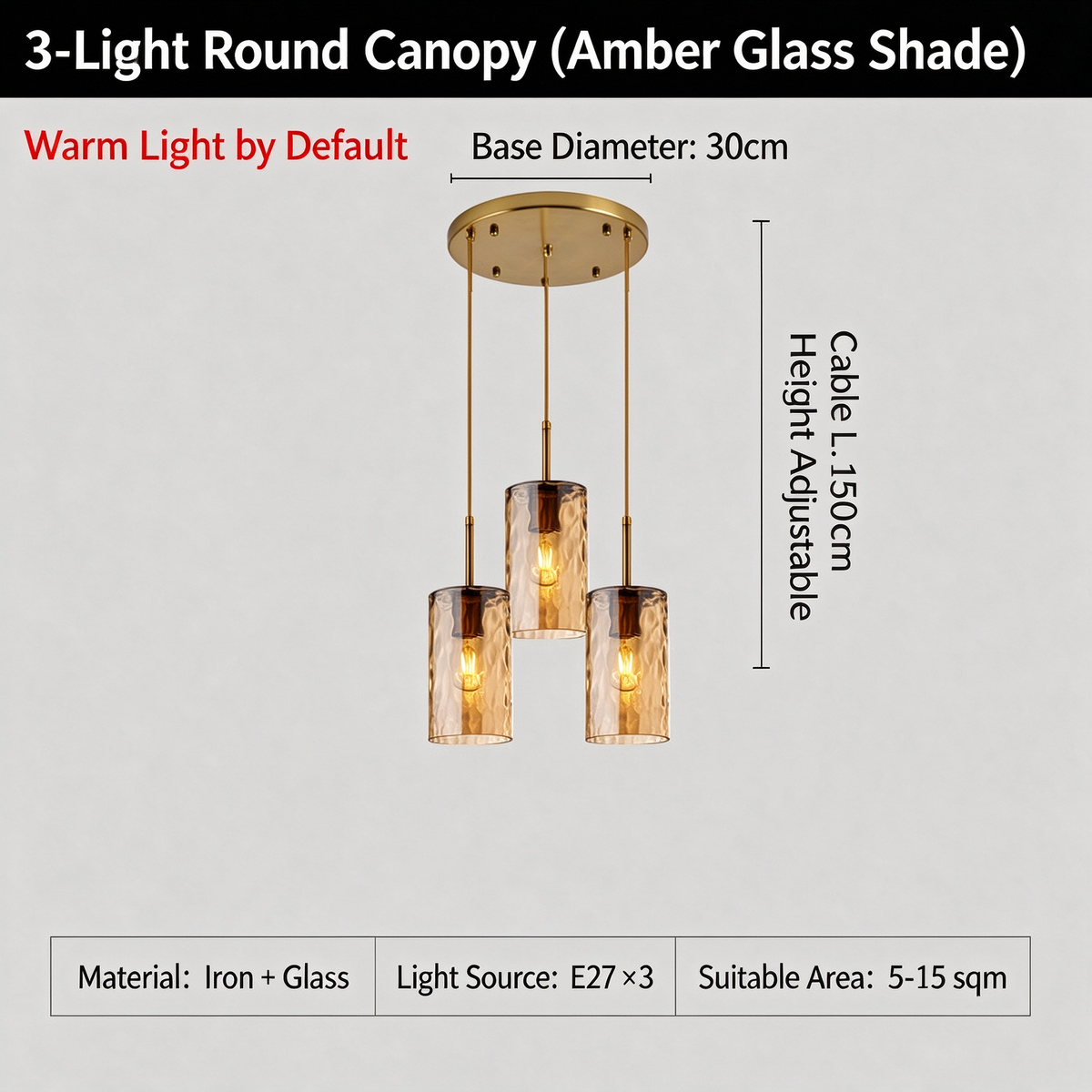 3-Light Hammered Water Ripple Glass Pendant Light, Modern Farmhouse Brass Chandelier for Dining Room Kitchen Island