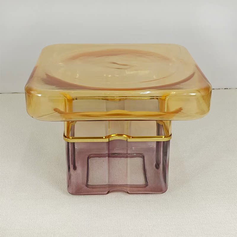 Hand-Blown Two-Tone Glass Side Table, Square Thick Glass Top with Hollow Glass Base End Table, Modern Accent Nightstand for Living Room Bedroom