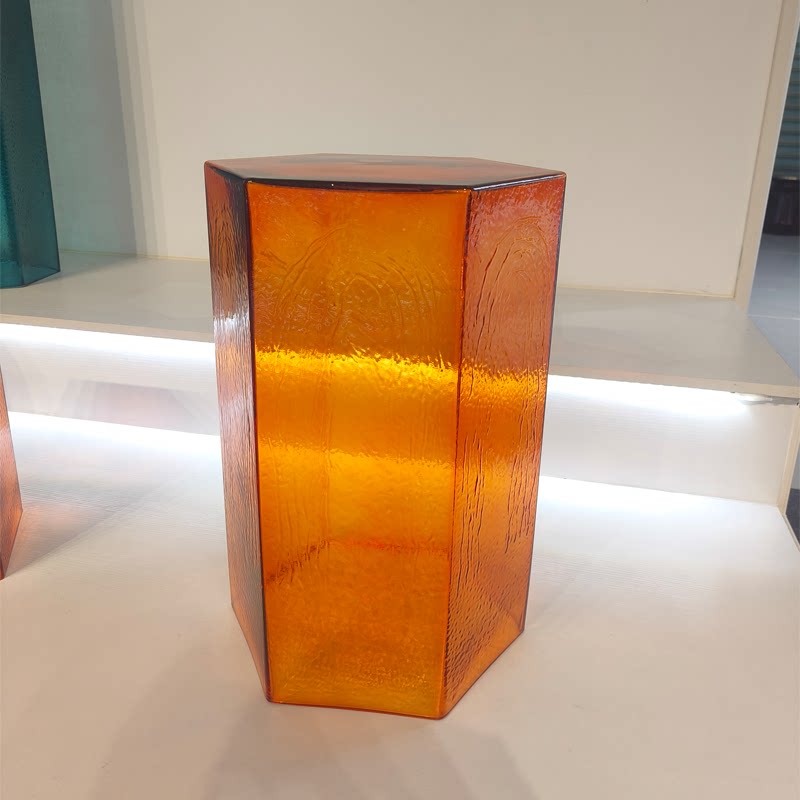 Hand-Blown Hexagonal Glass Side Table, Hollow Thick Glass Stool Accent End Table, Modern Nordic Nightstand Pedestal for Living Room Bedroom