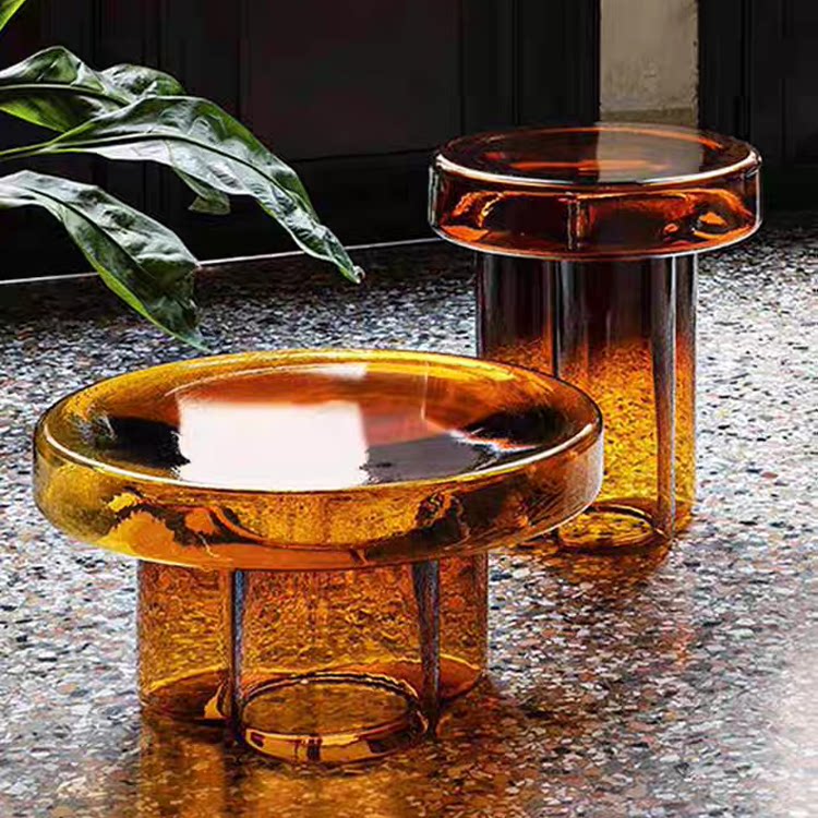 Mushroom Shaped Hand-Blown Thick Glass Round Coffee Table - Modern Tinted Glass Side Table for Living Room