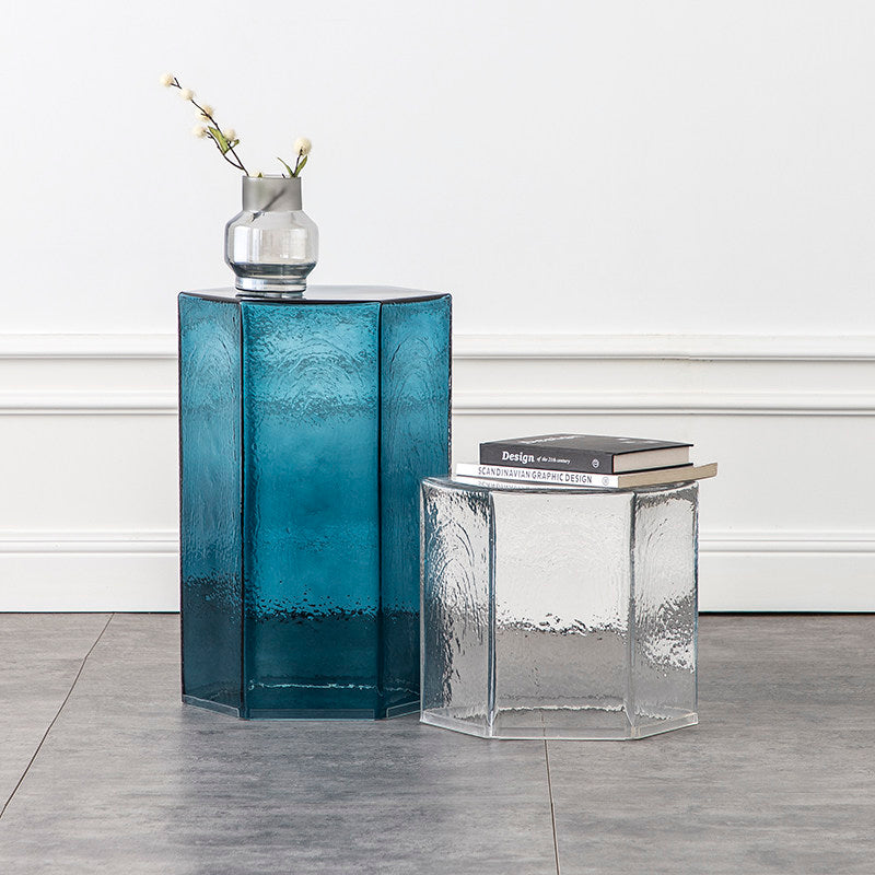 Hand-Blown Hexagonal Glass Side Table, Hollow Thick Glass Stool Accent End Table, Modern Nordic Nightstand Pedestal for Living Room Bedroom