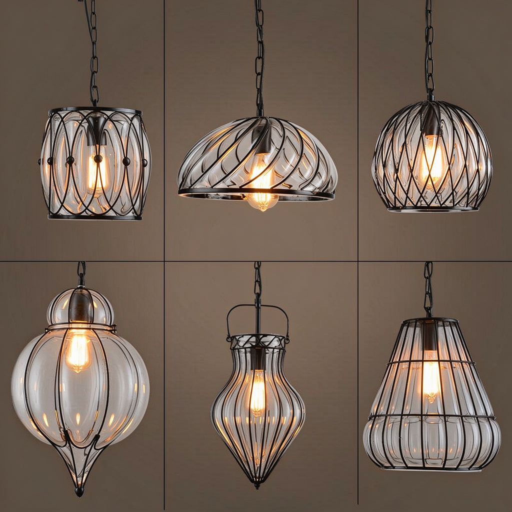 Vintage Industrial Iron Cage Glass Pendant Light - Hand Blown Glass Hanging Lamp