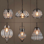 Vintage Industrial Iron Cage Glass Pendant Light - Hand Blown Glass Hanging Lamp