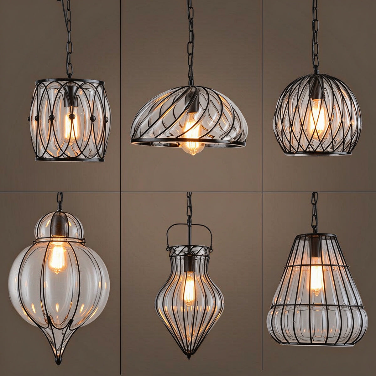 Vintage Industrial Iron Cage Glass Pendant Light - Hand Blown Glass Hanging Lamp