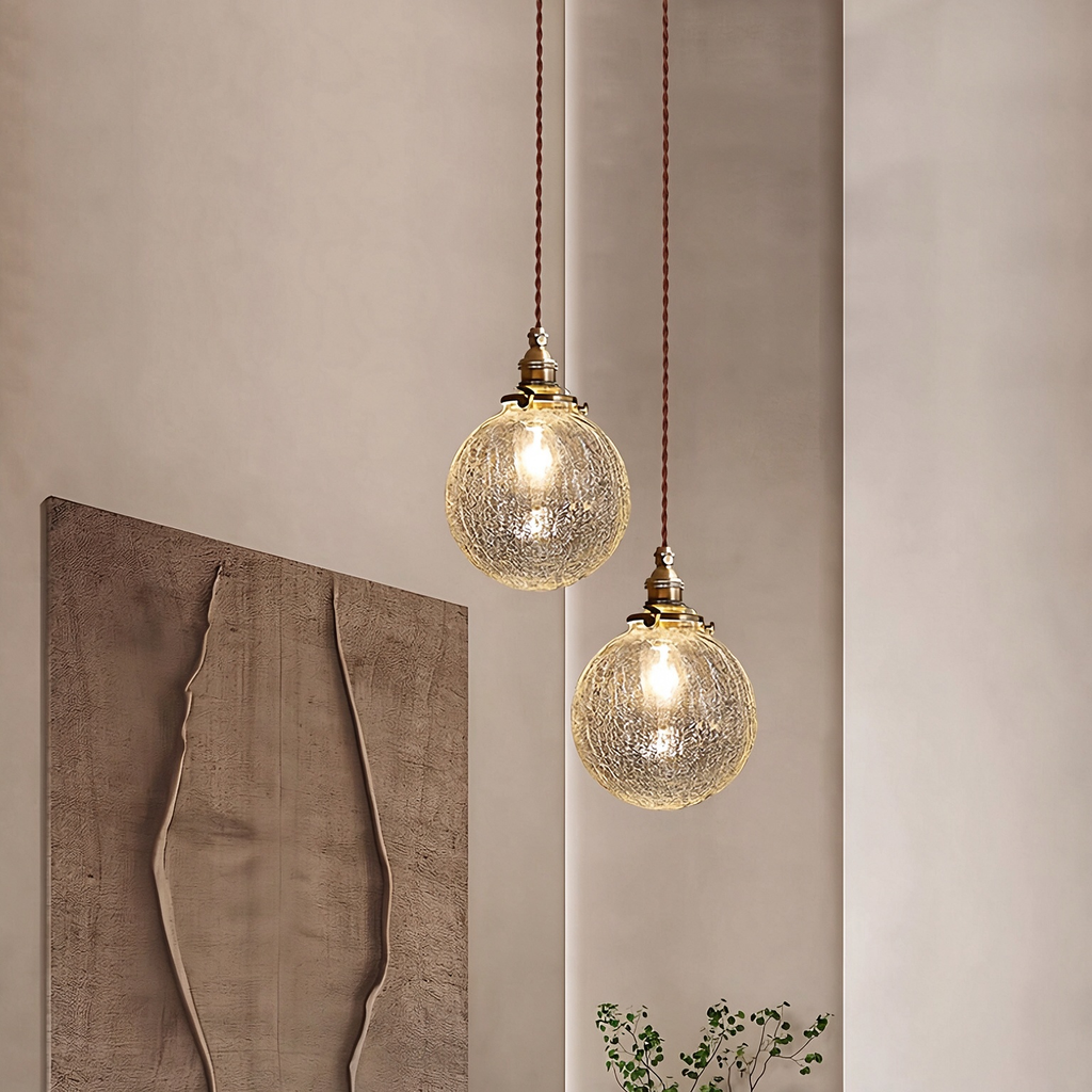 Hand-blown cracked glass globe pendant light, 1.5-meter adjustable cord, perfect for kitchen islands and dining bars