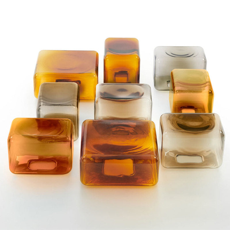 Hand-Blown Amber Glass Cube Coffee Table, Modern Lokum Glass Block Side Table & Nightstand, Hollow Orange Glass Accent Table for Living Room Bedroom