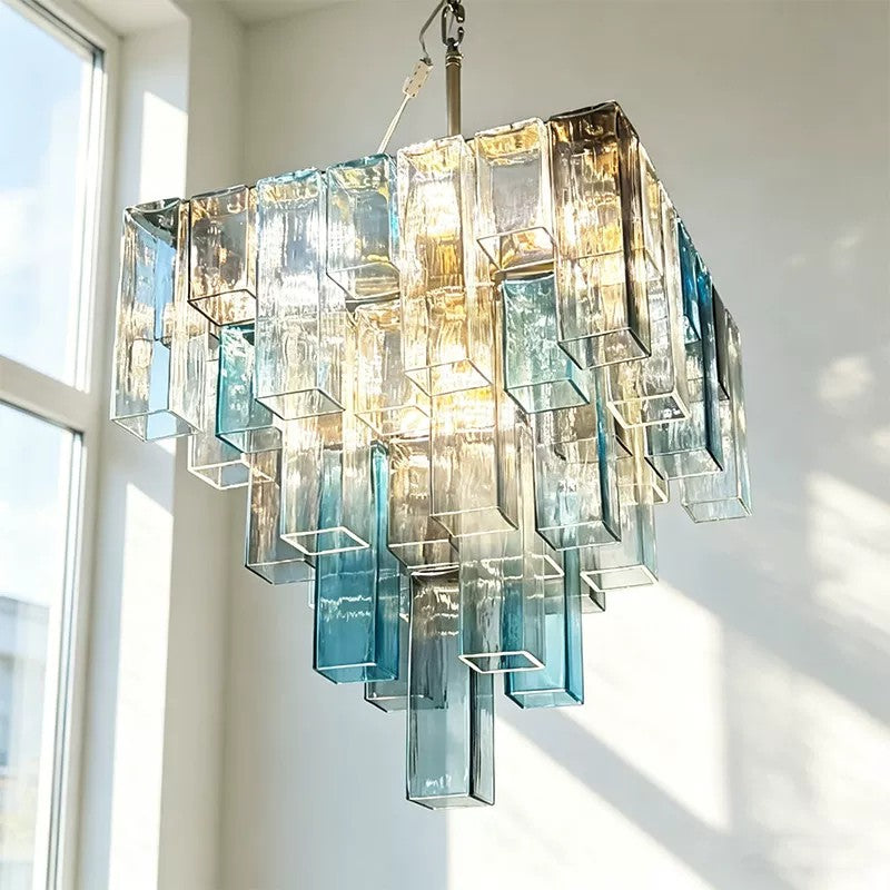 Modern Clear Glass Rectangular Tube Chandelier - Blue Gradient Art Pendant Light
