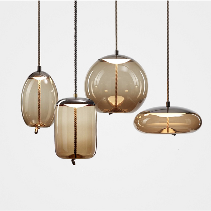Mid-Century Modern Hand Blown Glass Pendant Light, Nordic Minimalist Hemp Rope Art Pendant Lamp
