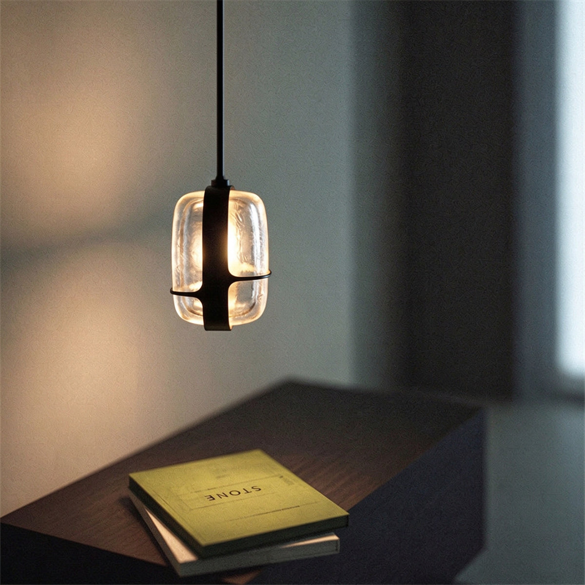 Nordic Oblong Hammered Glass Pendant Light - Black Metal Frame Hanging Lamp