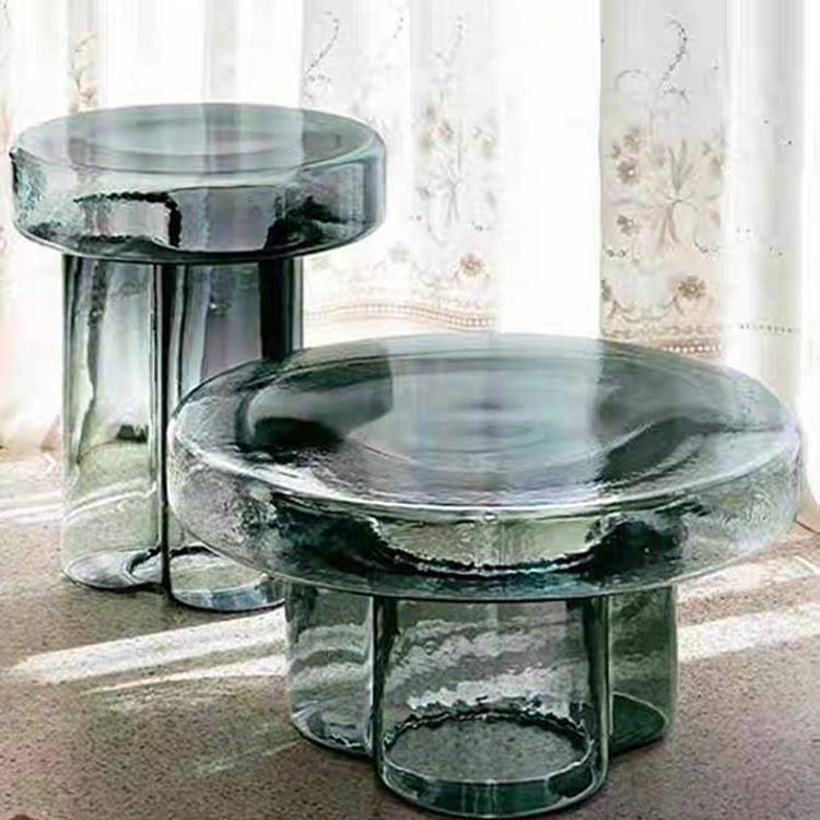 Mushroom Shaped Hand-Blown Thick Glass Round Coffee Table - Modern Tinted Glass Side Table for Living Room