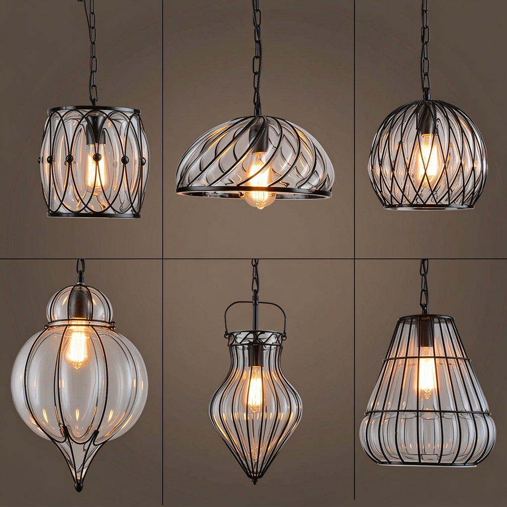 Vintage Industrial Iron Cage Glass Pendant Light - Hand Blown Glass Hanging Lamp
