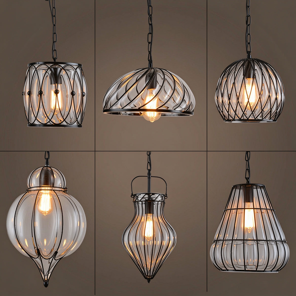 Vintage Industrial Iron Cage Glass Pendant Light - Hand Blown Glass Hanging Lamp