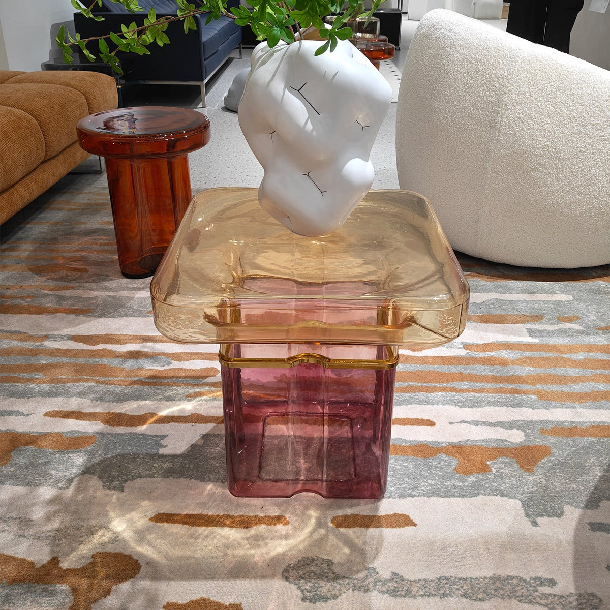 Hand-Blown Two-Tone Glass Side Table, Square Thick Glass Top with Hollow Glass Base End Table, Modern Accent Nightstand for Living Room Bedroom