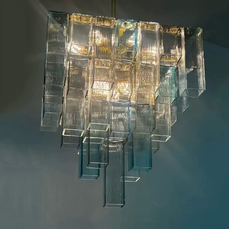 Modern Clear Glass Rectangular Tube Chandelier - Blue Gradient Art Pendant Light