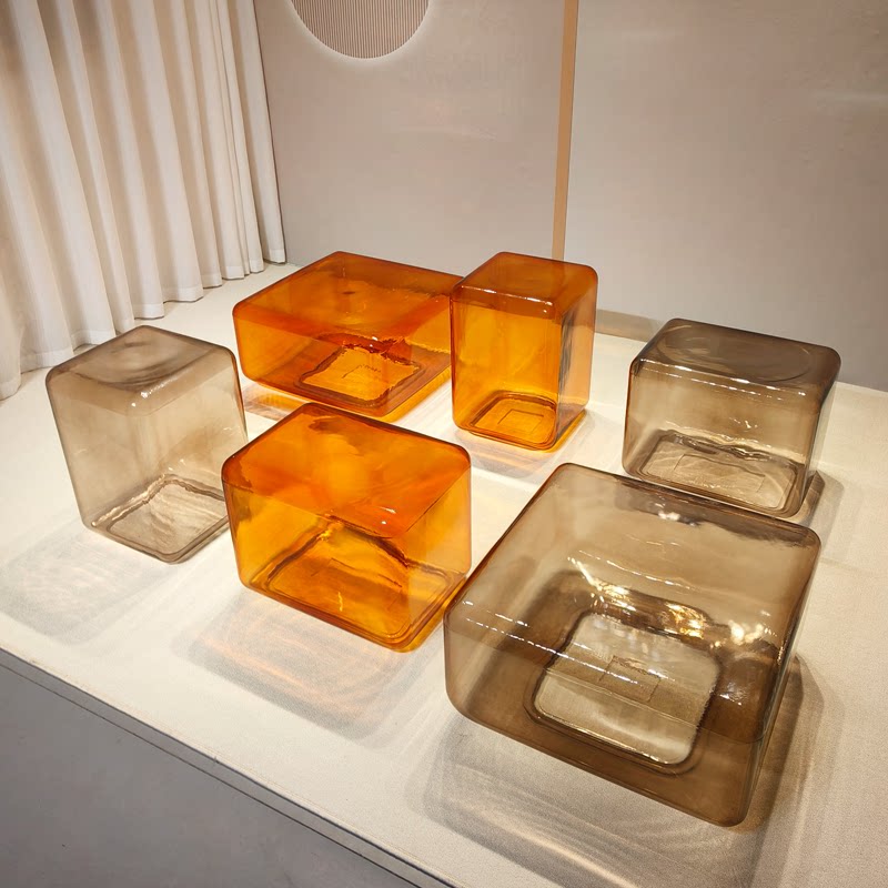 Hand-Blown Amber Glass Cube Coffee Table, Modern Lokum Glass Block Side Table & Nightstand, Hollow Orange Glass Accent Table for Living Room Bedroom