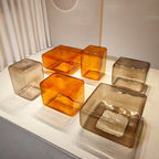Hand-Blown Amber Glass Cube Coffee Table, Modern Lokum Glass Block Side Table & Nightstand, Hollow Orange Glass Accent Table for Living Room Bedroom
