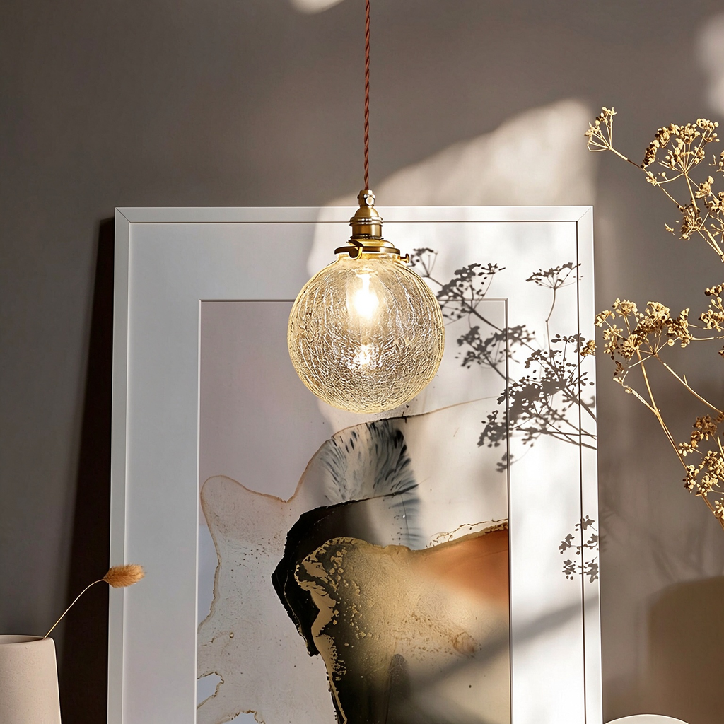 Hand-blown cracked glass globe pendant light, 1.5-meter adjustable cord, perfect for kitchen islands and dining bars