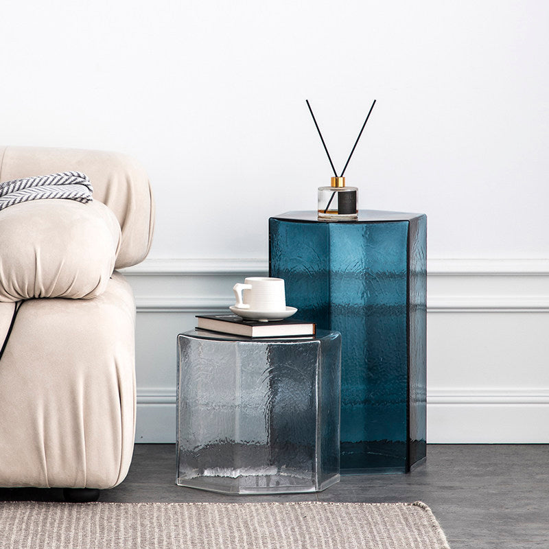 Hand-Blown Hexagonal Glass Side Table, Hollow Thick Glass Stool Accent End Table, Modern Nordic Nightstand Pedestal for Living Room Bedroom