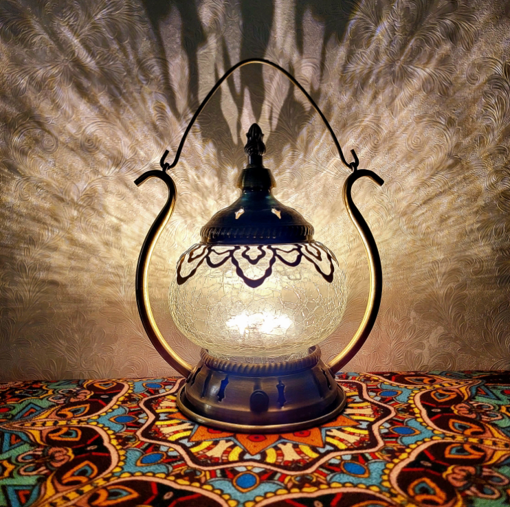 Thermal Crackle Glass Arabian Lantern, Crescent Moon Vintage Table Lamp