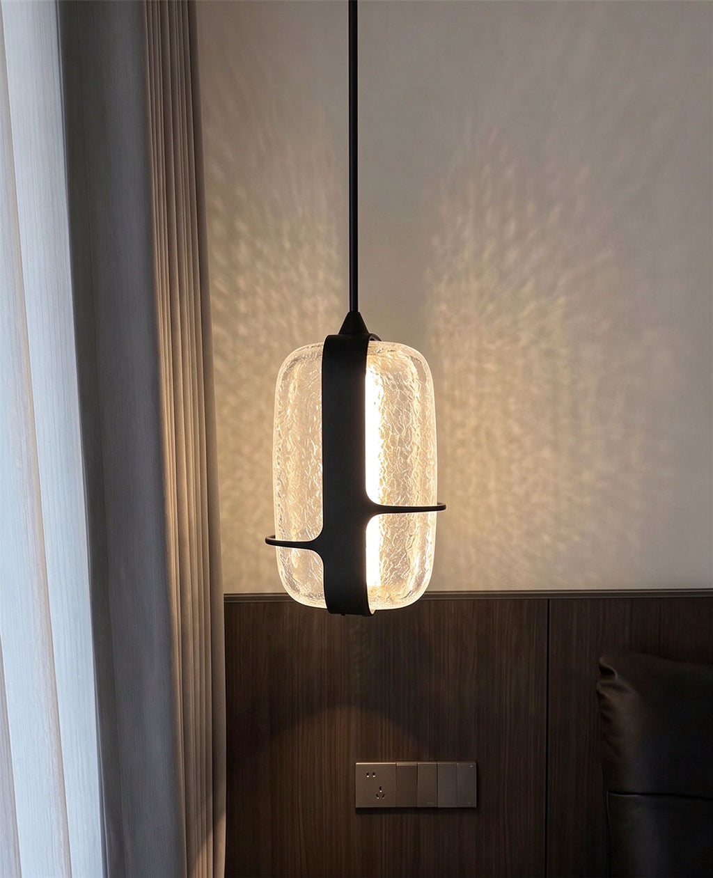 Nordic Oblong Hammered Glass Pendant Light - Black Metal Frame Hanging Lamp
