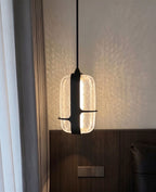 Nordic Oblong Hammered Glass Pendant Light - Black Metal Frame Hanging Lamp
