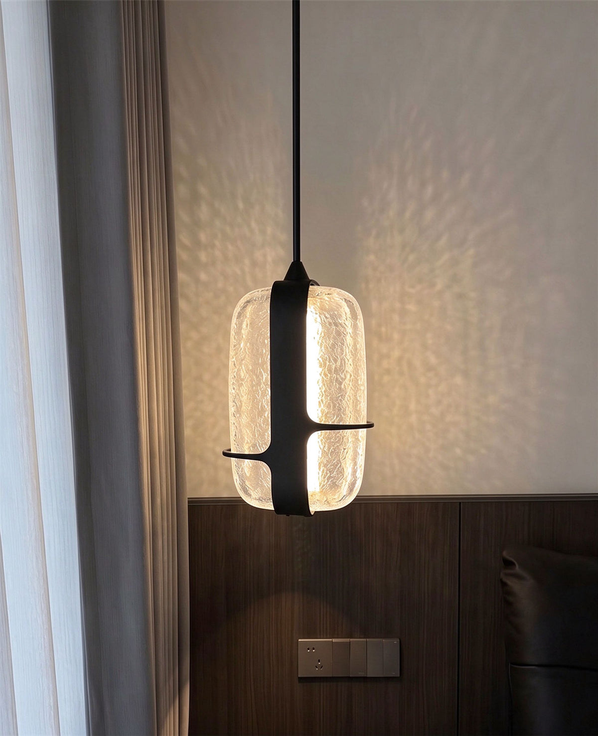 Nordic Oblong Hammered Glass Pendant Light - Black Metal Frame Hanging Lamp
