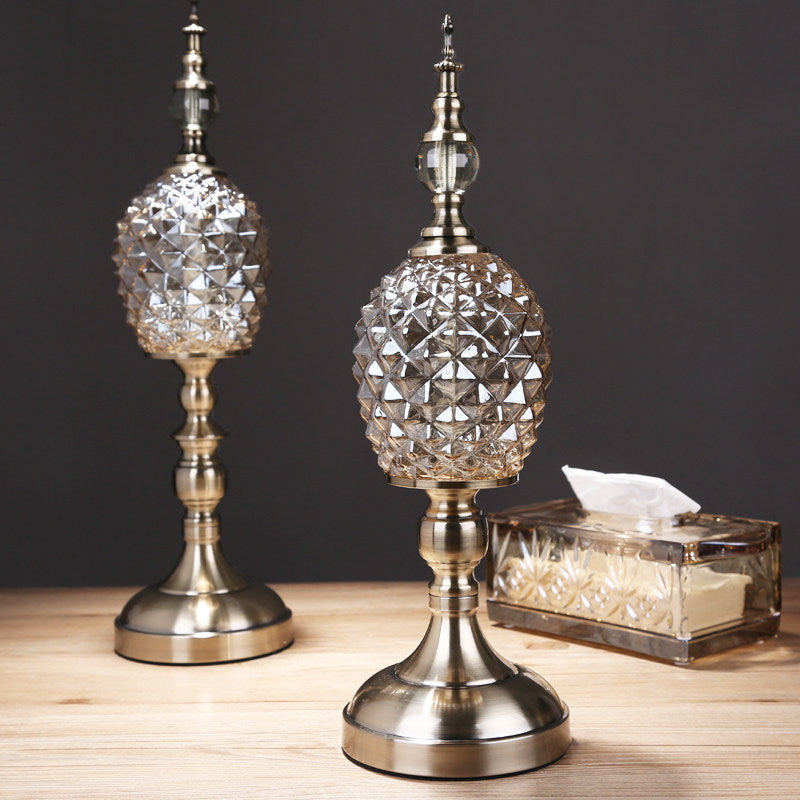 Crystal Diamond Cut Glass Table Lamp - Vintage Brass Gold Bedside Lamp