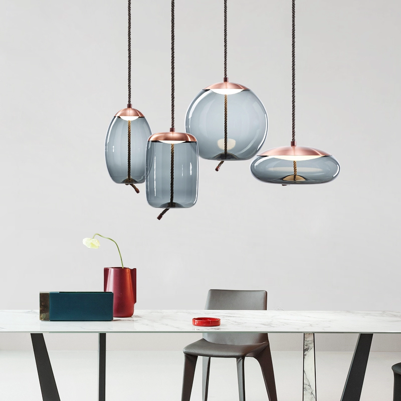 Mid-Century Modern Hand Blown Glass Pendant Light, Nordic Minimalist Hemp Rope Art Pendant Lamp