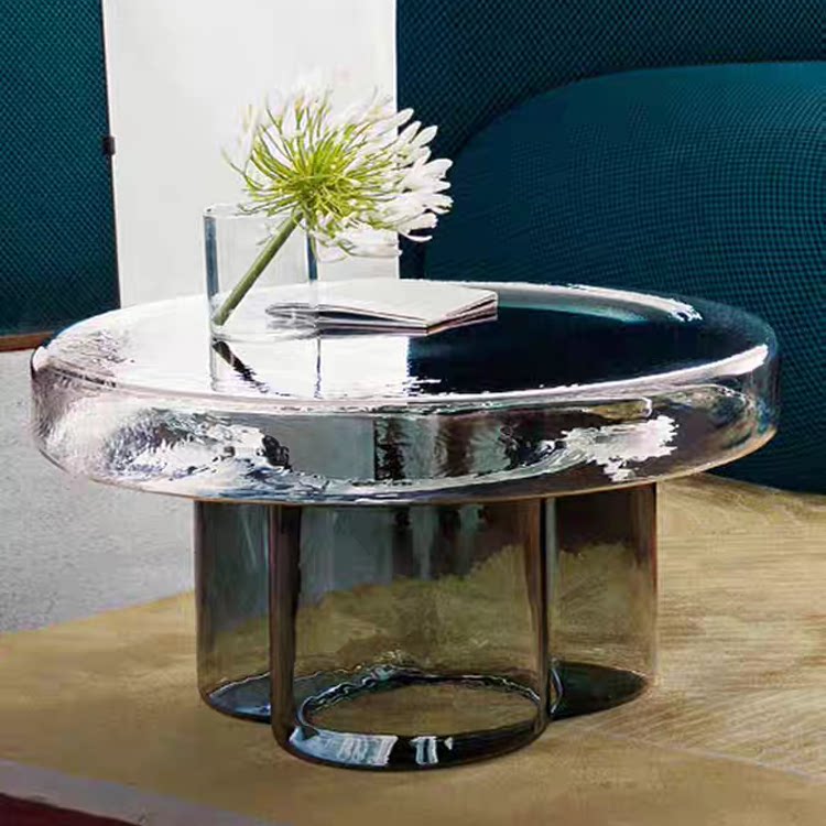 Mushroom Shaped Hand-Blown Thick Glass Round Coffee Table - Modern Tinted Glass Side Table for Living Room