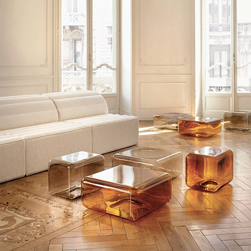 Hand-Blown Amber Glass Cube Coffee Table, Modern Lokum Glass Block Side Table & Nightstand, Hollow Orange Glass Accent Table for Living Room Bedroom
