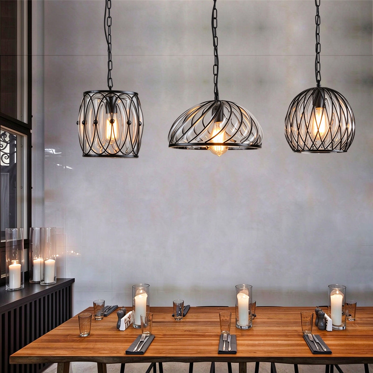 Vintage Industrial Iron Cage Glass Pendant Light - Hand Blown Glass Hanging Lamp