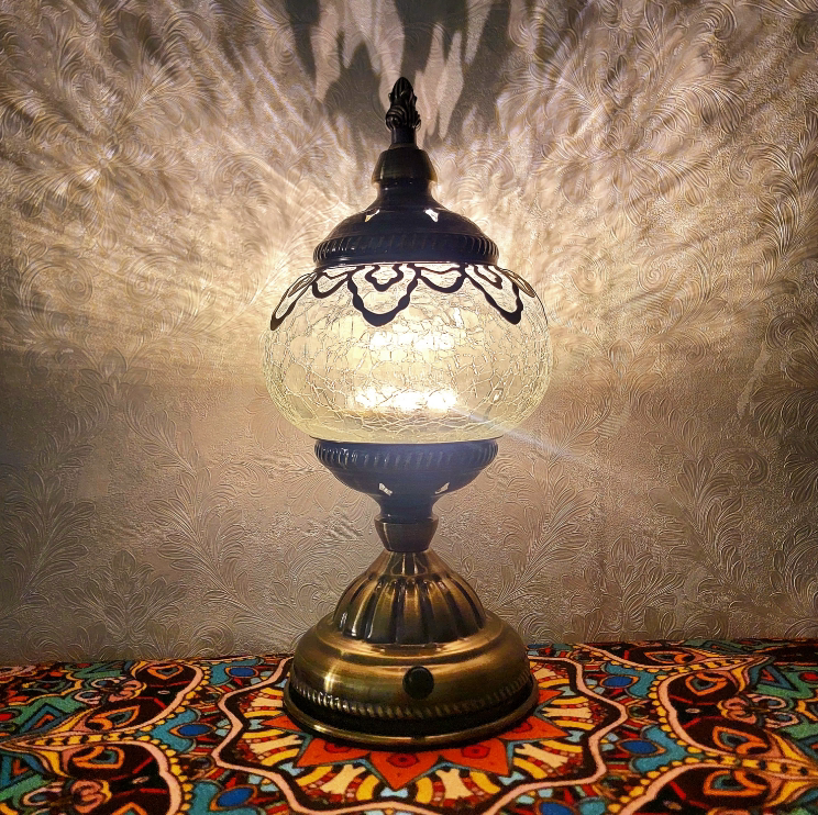 Thermal Crackle Glass Arabian Lantern, Crescent Moon Vintage Table Lamp