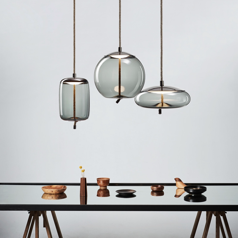 Mid-Century Modern Hand Blown Glass Pendant Light, Nordic Minimalist Hemp Rope Art Pendant Lamp