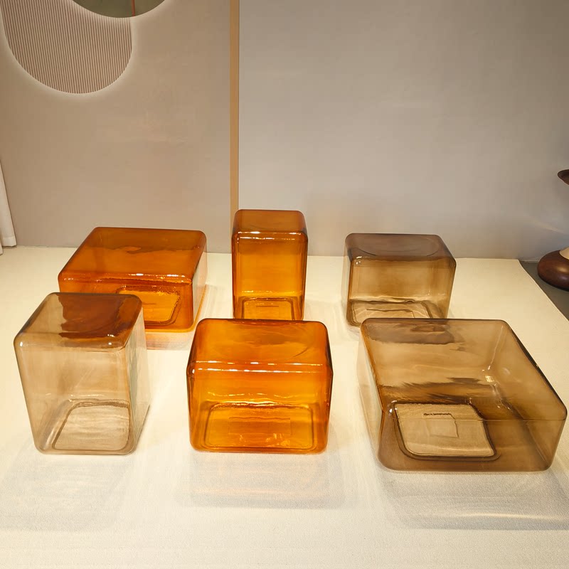 Hand-Blown Amber Glass Cube Coffee Table, Modern Lokum Glass Block Side Table & Nightstand, Hollow Orange Glass Accent Table for Living Room Bedroom