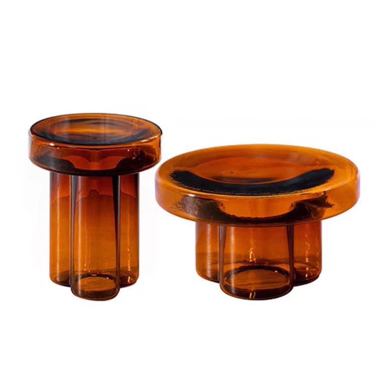 Mushroom Shaped Hand-Blown Thick Glass Round Coffee Table - Modern Tinted Glass Side Table for Living Room