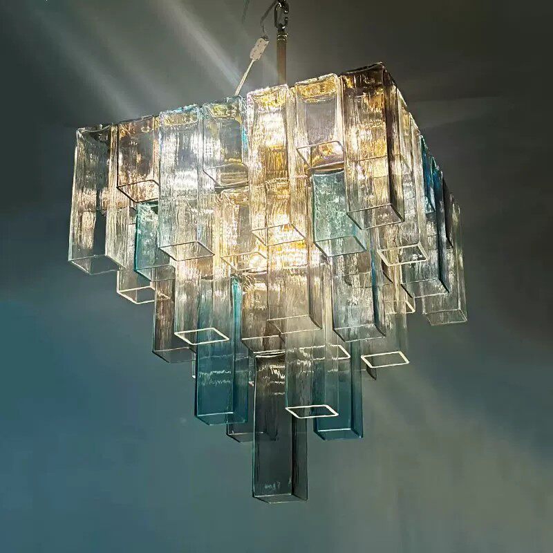 Modern Clear Glass Rectangular Tube Chandelier - Blue Gradient Art Pendant Light