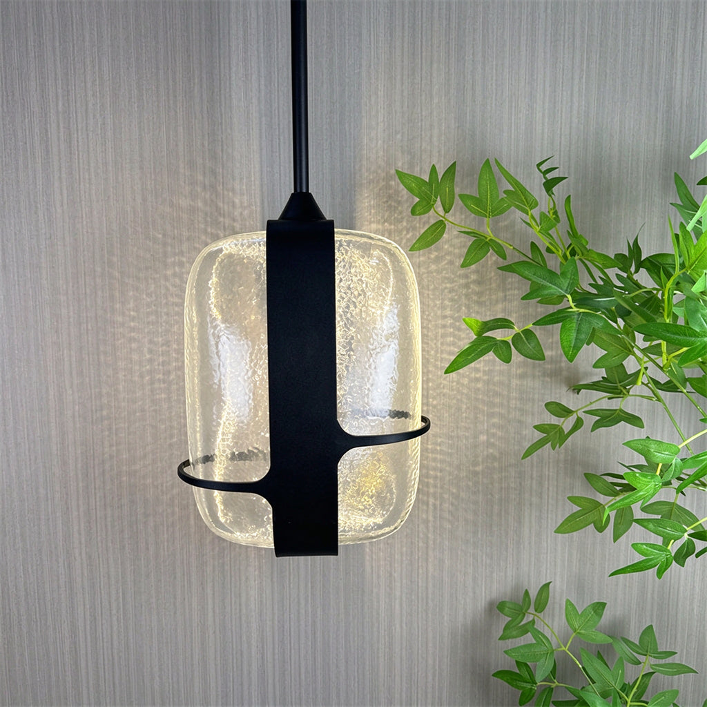 Nordic Oblong Hammered Glass Pendant Light - Black Metal Frame Hanging Lamp